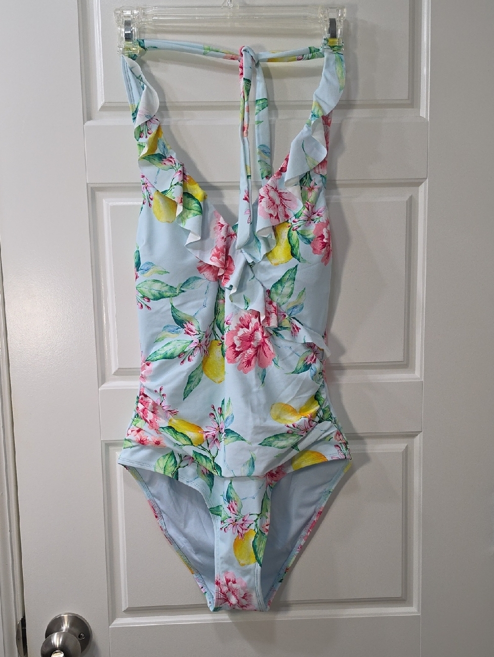 Cupshe Light Blue Floral Lemon One-Piece Swimsuit - Medium